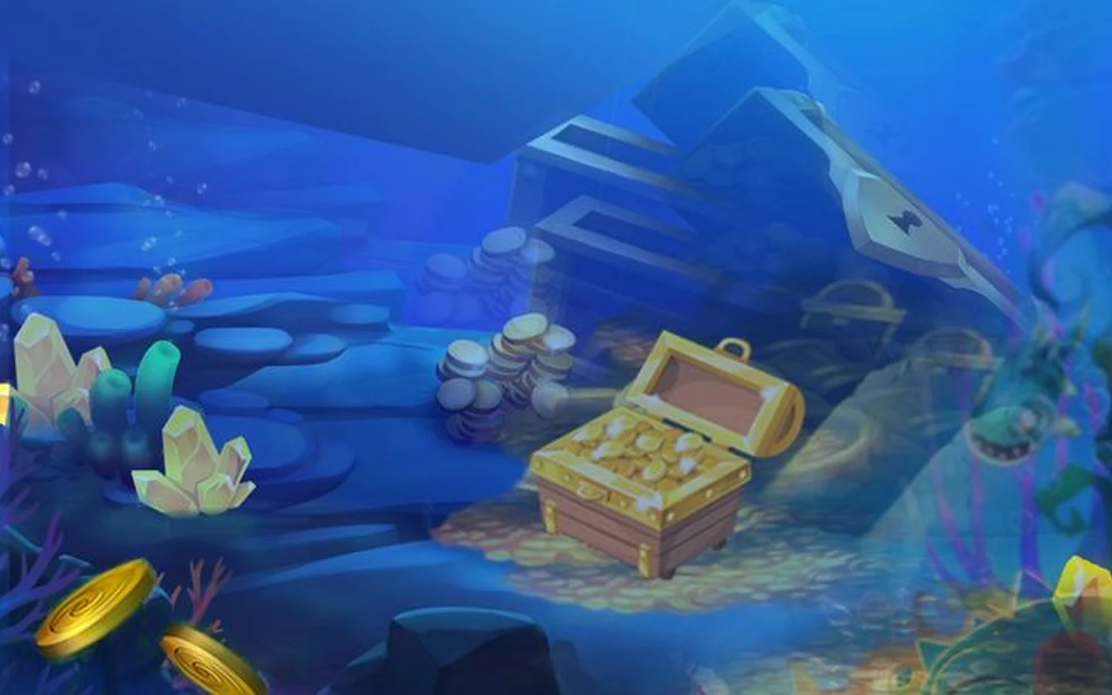 ภาพเกมยิงปลาบนหน้าจอที่แสดงเป้าหมายและบรรยากาศใต้น้ำ